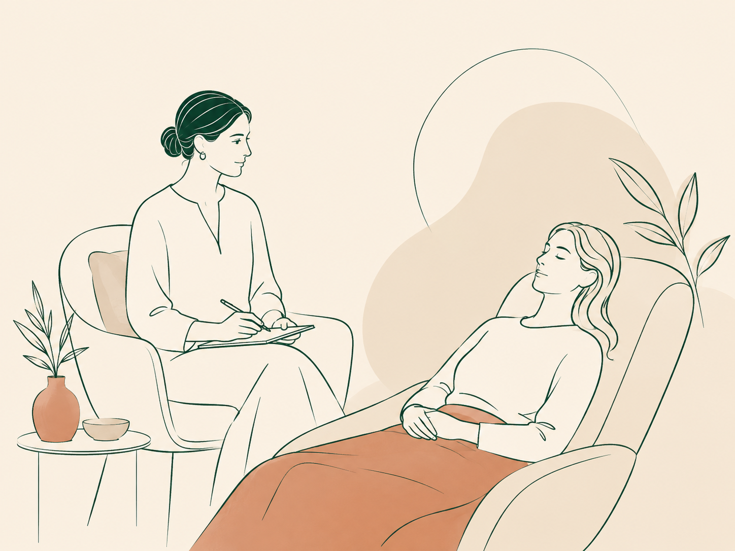 Client settling into a comfortable chair before hypnotherapy