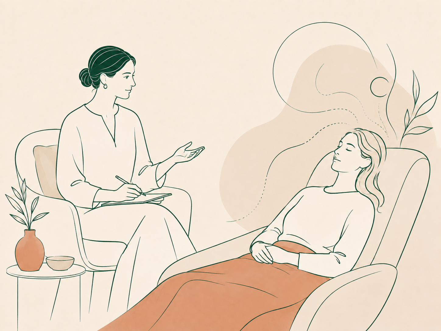 Dr. Wansley guiding a relaxed client with her eyes closed